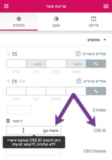 הגדרת CSS ID לעוגן באיזור